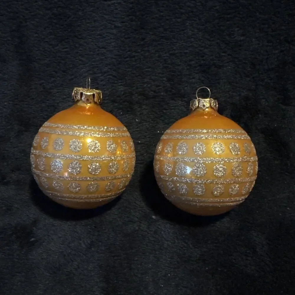 2 Vintage 50s Shiny Brite Gold Circle of Glitter Christmas Ornaments